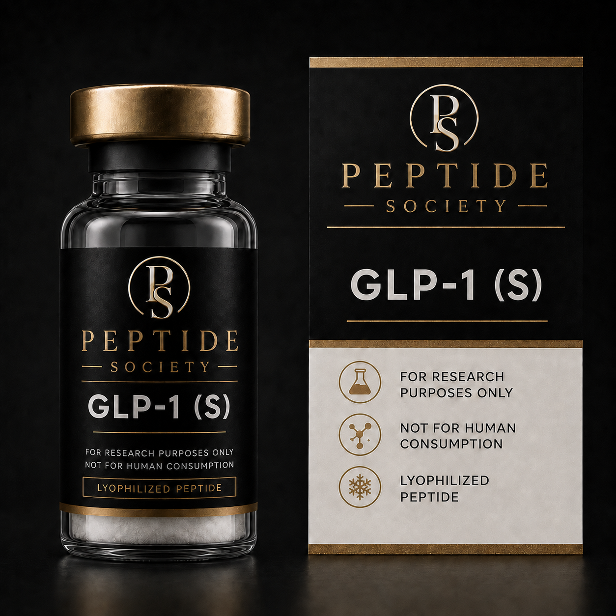 Peptide Society GLP-1 (S) research vial and carton product photograph
