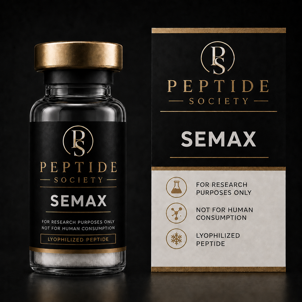 Peptide Society Semax research vial and carton product photograph