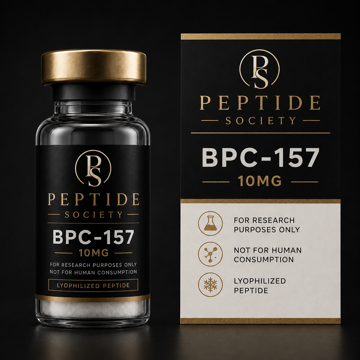 Peptide Society BPC-157 research vial and carton, 10 mg presentation pictured